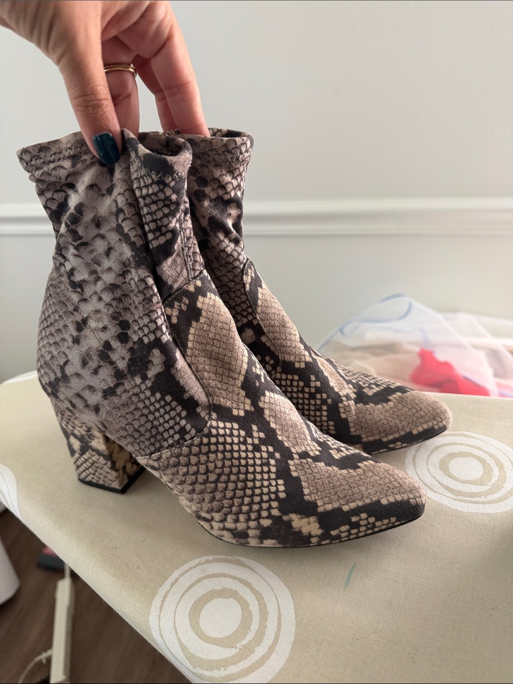 Steve Madden Beige and Black Snake-Print Block Heel Ankle Boots